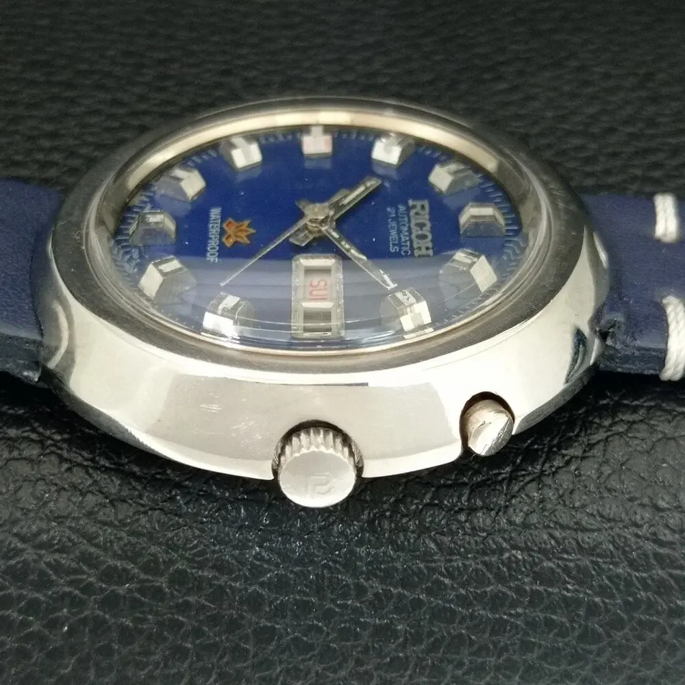 Vintage 1979 Ricoh Automatic Mens Silver Watch W/daydate & Blue accents